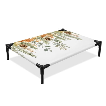 Farmhouse Leaf Elevated Dog Bed Botanical Art Eucalyptus Leaf Dried Pinecones Berry Cooling Breathable Outdoor Raised Dog Cot Bed with Metal Frame Non-Slip Feet for Medium Dog 24x20in