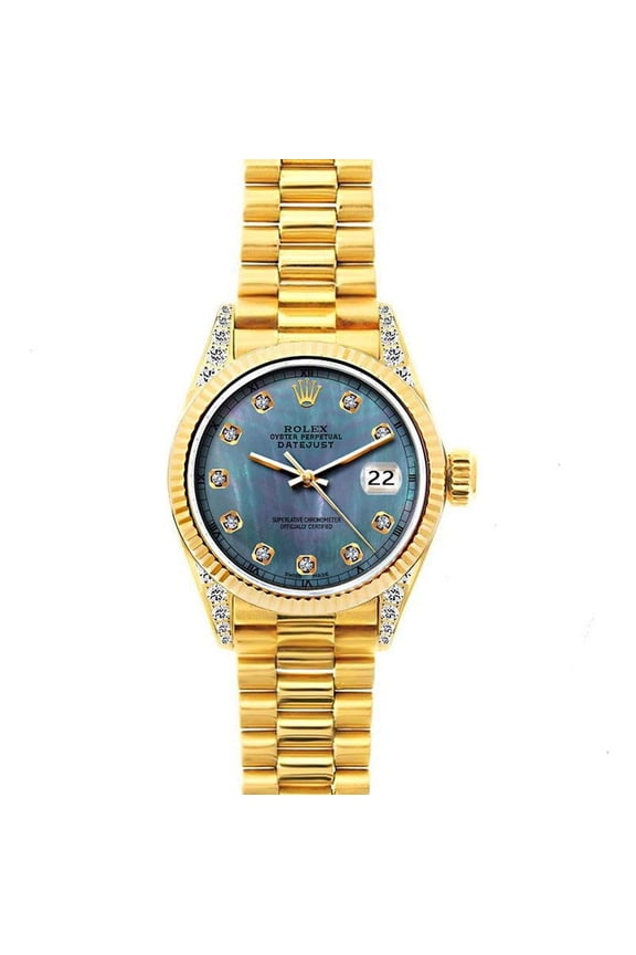 Pre-Owned Rolex Datejust 26MM 69178 Blue Mother of Pearl Diamond Dial Fluted Bezel 18K Yellow Gold President Bracelet