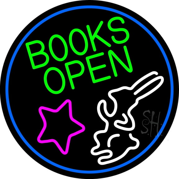 Green Books With Rabbit Logo Open LED Neon Sign 18 x 18 - inches, Black Square Cut Acrylic Backing, with Dimmer - Bright and Premium built indoor LED Neon Sign for Defence Force.