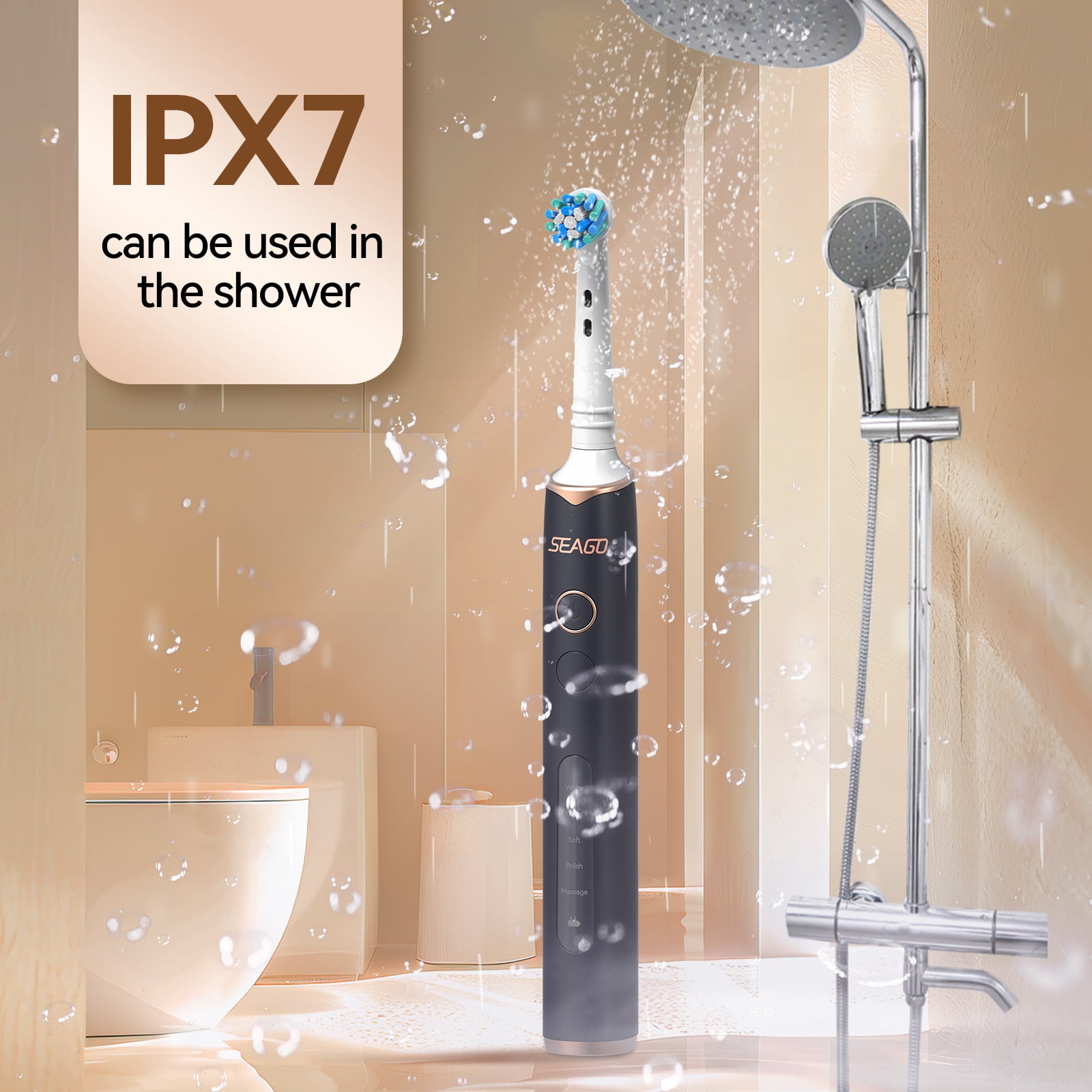 SEAGO SG-2603 Rotating 5 Cleaning Modes Electric Toothbrush with 8 Brush Heads, Black
