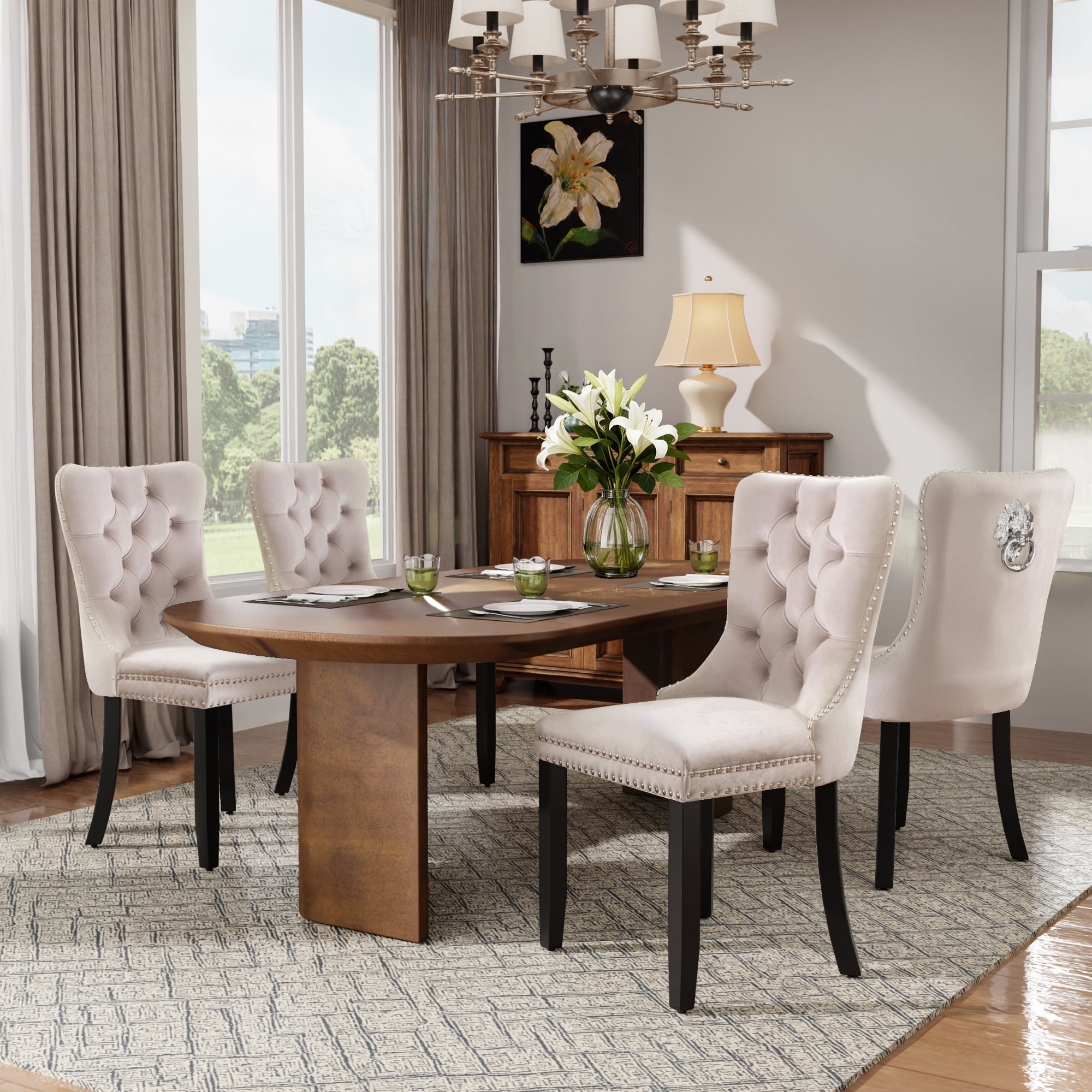 DONICK Velvet Upholstered Dining Chair Set of 2,Modern Tufted Kitchen Chairs Nailhead Lion Pull Ring Black Wood Legs(Beige)