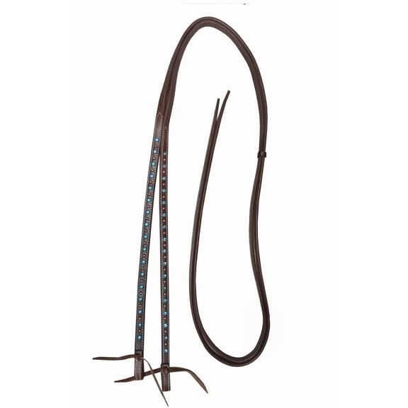 Horse Western 7ft Brown Show Split Leather Reins Turquoise Rhinestones 66RT22TR