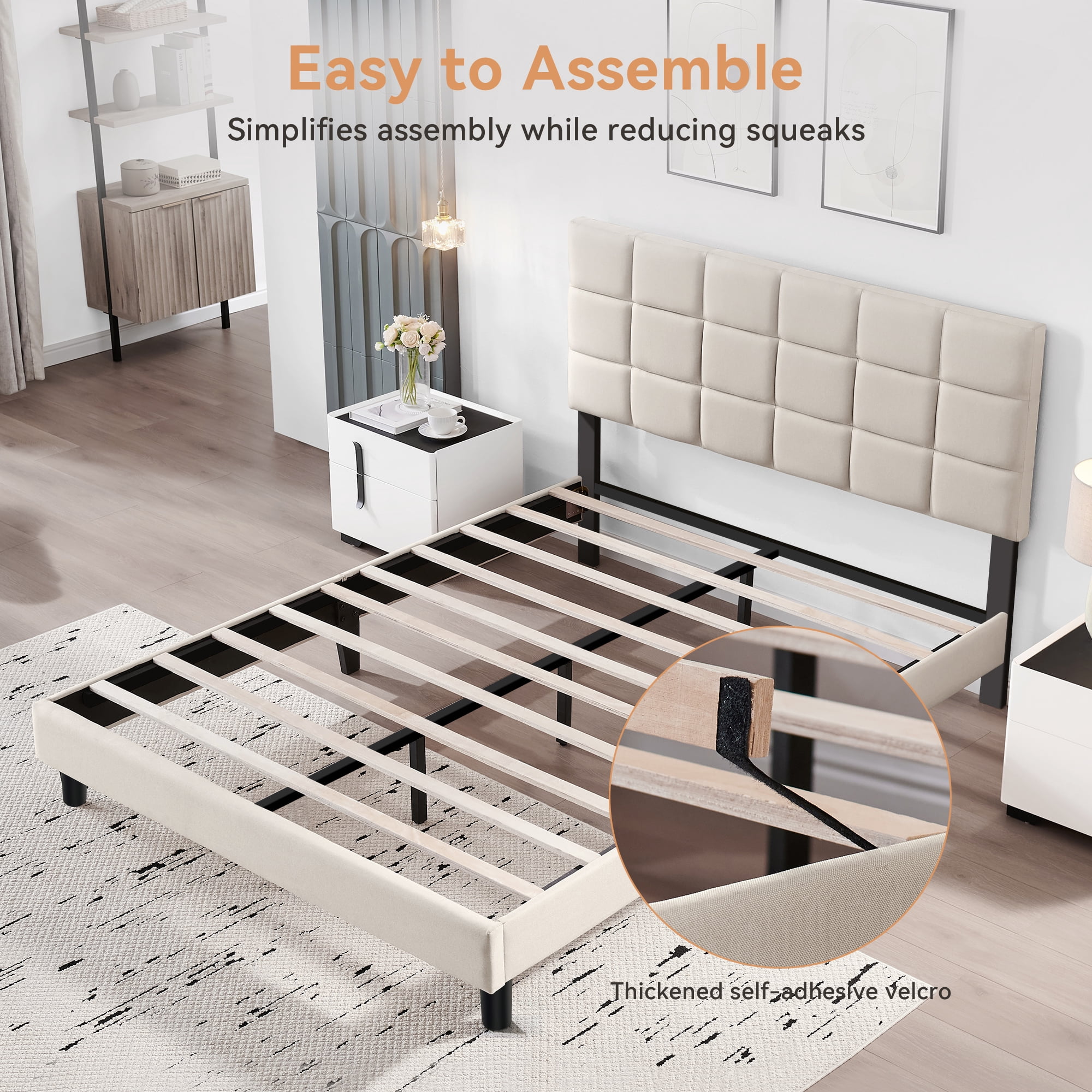 Sailvan Full Size Bed Frame with Headboard, Upholstered Bed Frame Full , Full Wood Slats Bed Frame, With 1000LBS, Height Adjustable, No-Noise, Easy to Assemble, Beige White