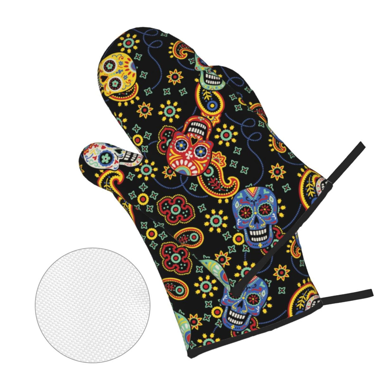 Mexican Skull Paisley 4Pcs Oven Mitts and Pot Holders Sets Oven Kitchen Gloves Hot Pads for Cooking BBQ Baking Grilling