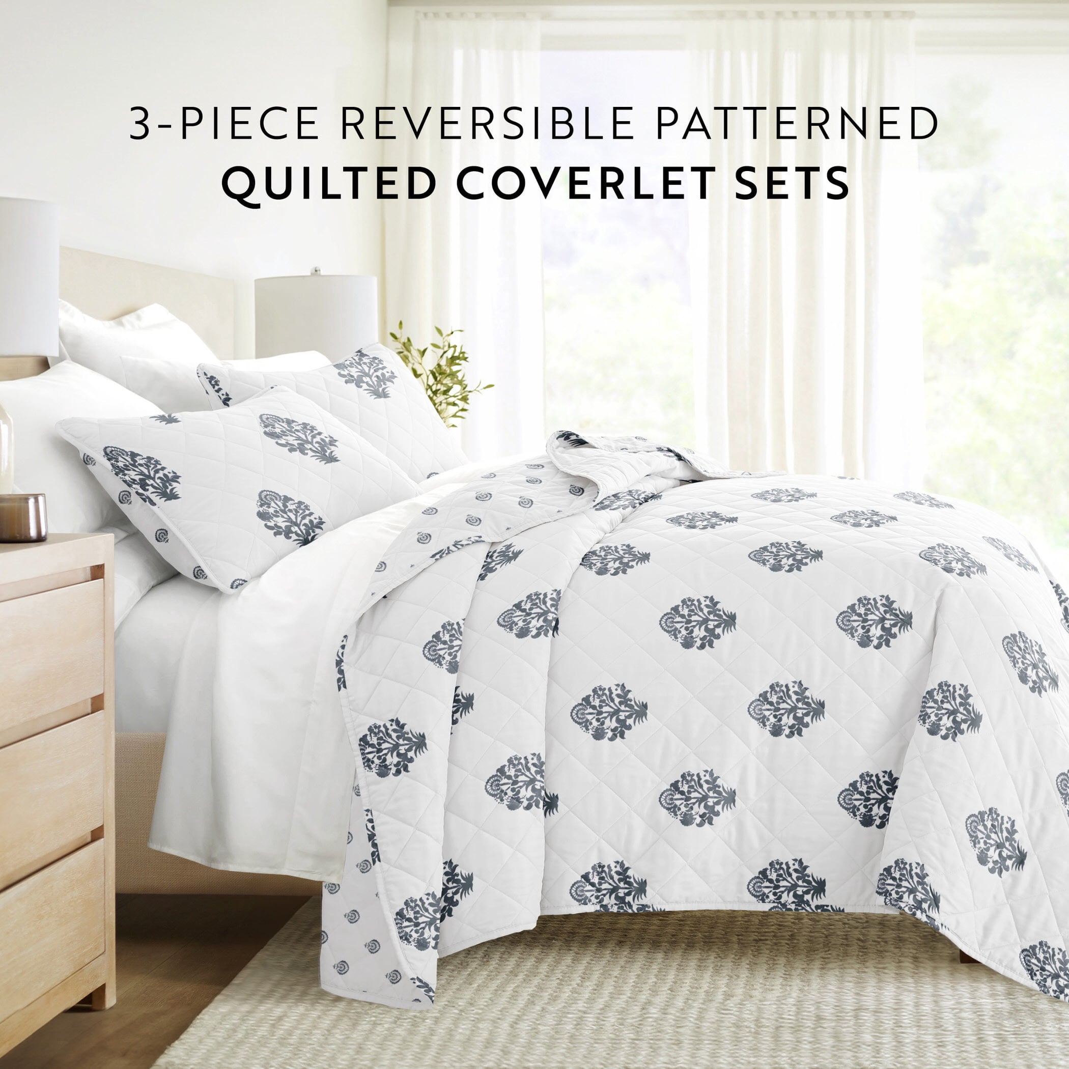 Lightweight Quilt Set Super Soft Wrinkle Resistant Quilted Coverlet Floral Patterns by Comfort Canopy