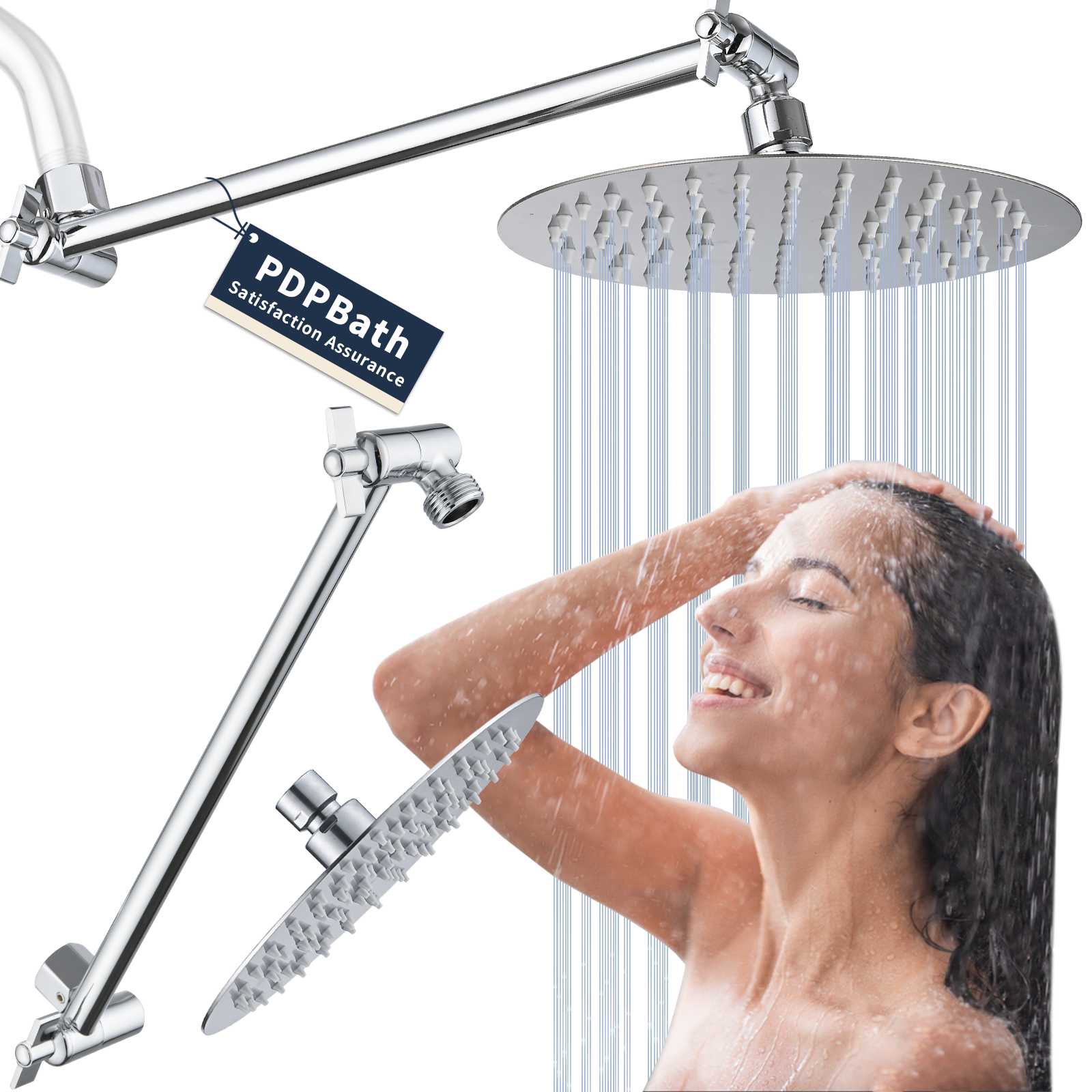 PDPBath 8" Rain Shower Head with 12" Adjustable Height & Distance