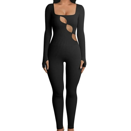 

Ma&Baby Women Full Length Jumpsuit Square Neck Short/Long Sleeve Playsuit Skinny One-piece Bodysuit