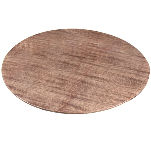 Round PVC Tablecloth, Brown Wood Grain Design, 48 Inches Waterproof, Scratch-Resistant, Smooth Surface, Elastic Edges for Tables 90-110 cm in Diameter