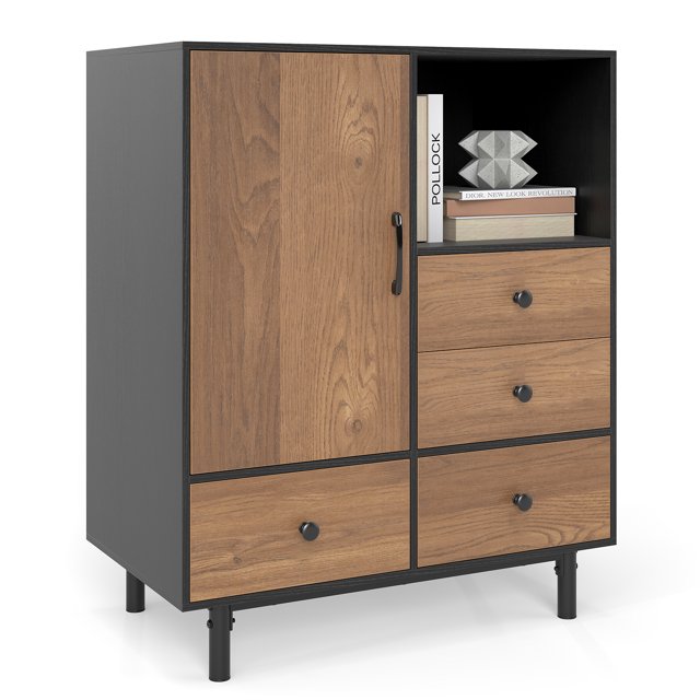 Gymax Buffet Sideboard w/ 4 Drawers & Open Compartment Heavy-Duty Metal Legs Black