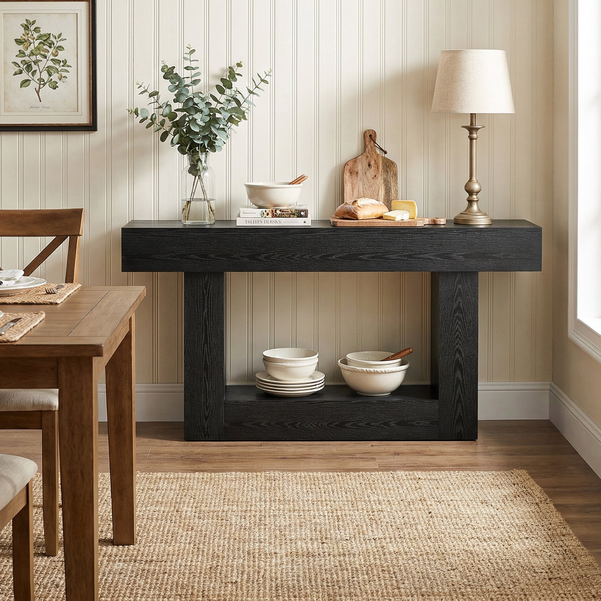 Demi Bonn 63" Wood Console Table, Farmhouse 2-Tier Sofa Table Entryway Table, Foyer Display Table, Black