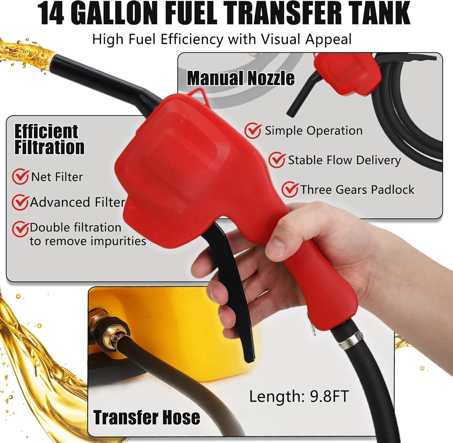 14 Gallon Portable Fuel Tank with Wheels, Red Gas Caddy with Manual Siphon Pump & 10FT Hose, T-Handle for Easy Carry, Included for Cars, ATVs, Boats, Generators - Yellow