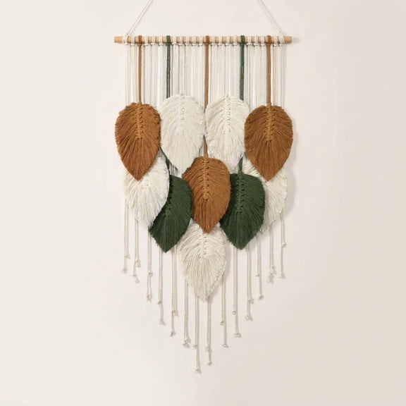 Macrame Woven Leaf Tapestry, 16.5"W x 29.5"L, Boho Chic Wall Decor