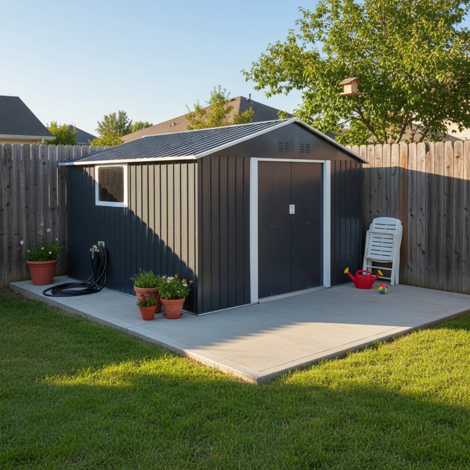Alvantor Outdoor Storage Shed Metal with Window for Garden,11.2x10.6 FT,Grey
