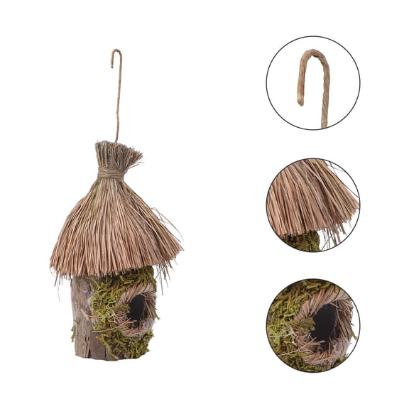 Baluue Artificial Khaki Straw Bird House Hanging Nest with Wood Frame for Outdoor Garden Decoration