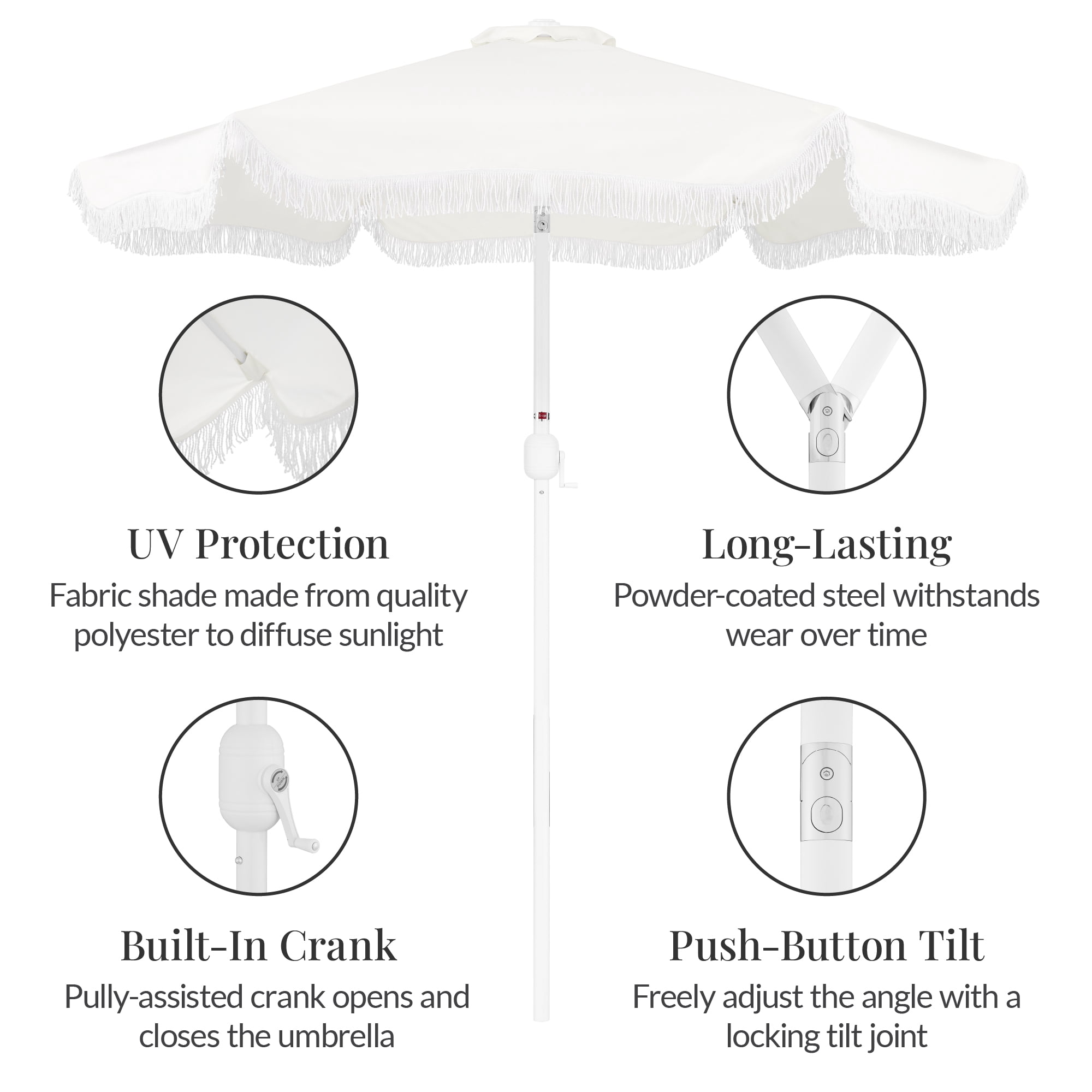 Best Choice Products 9ft Fringe Market Umbrella  Boho Patio Sunshade w/ Tilt, UPF50+ - White
