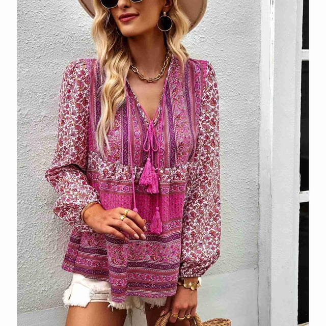 Blusa informal con estampado floral, blusas con cuello en V y manga larga con estampado floral para mujer, blusas con estampado floral para mujer, apariencia llamativa