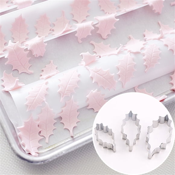 Stainless Steel Holly Leaf Shaped Cookie and Cake Set with Three Decorative Designs