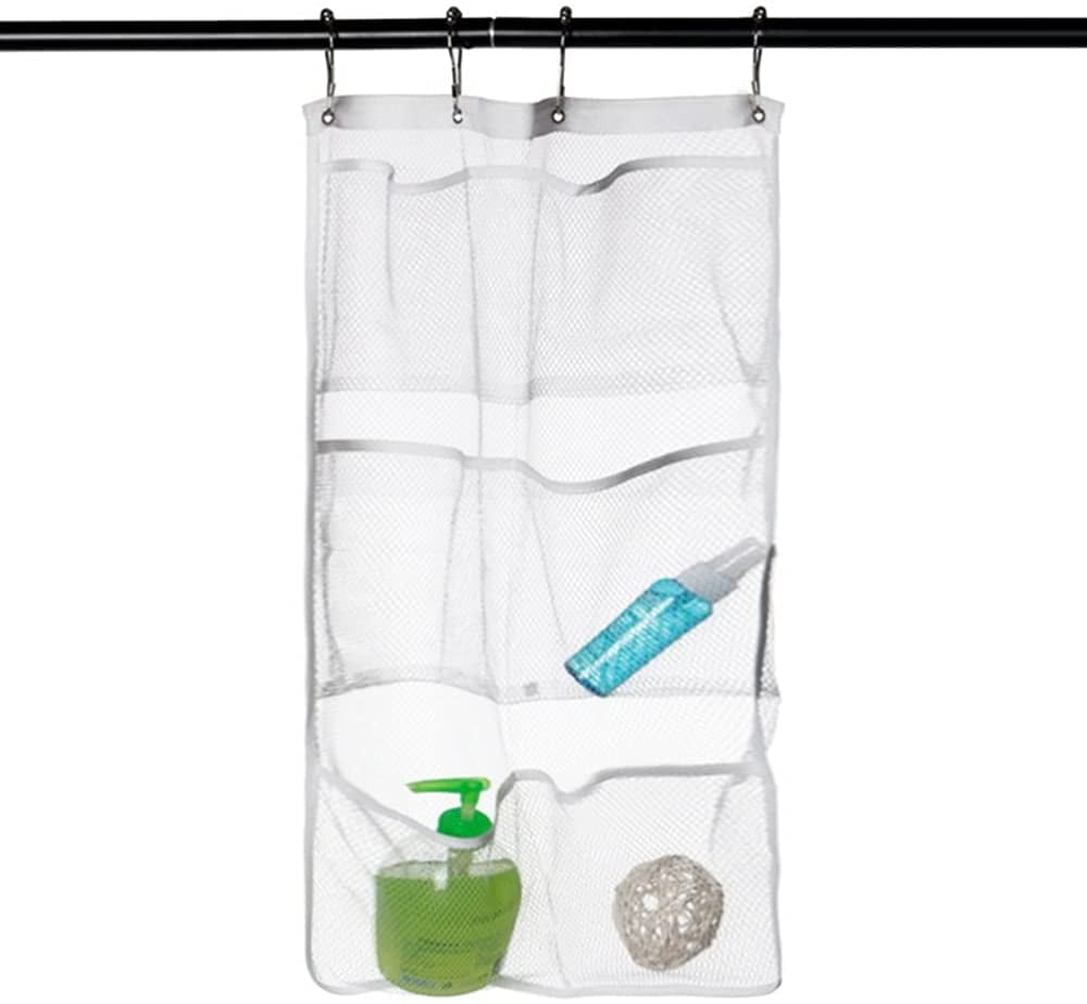 2 Pack Hanging Mesh Shower Caddy Organizer W/ 6 Pockets Curtain Rod Liner Hooks for sale online 