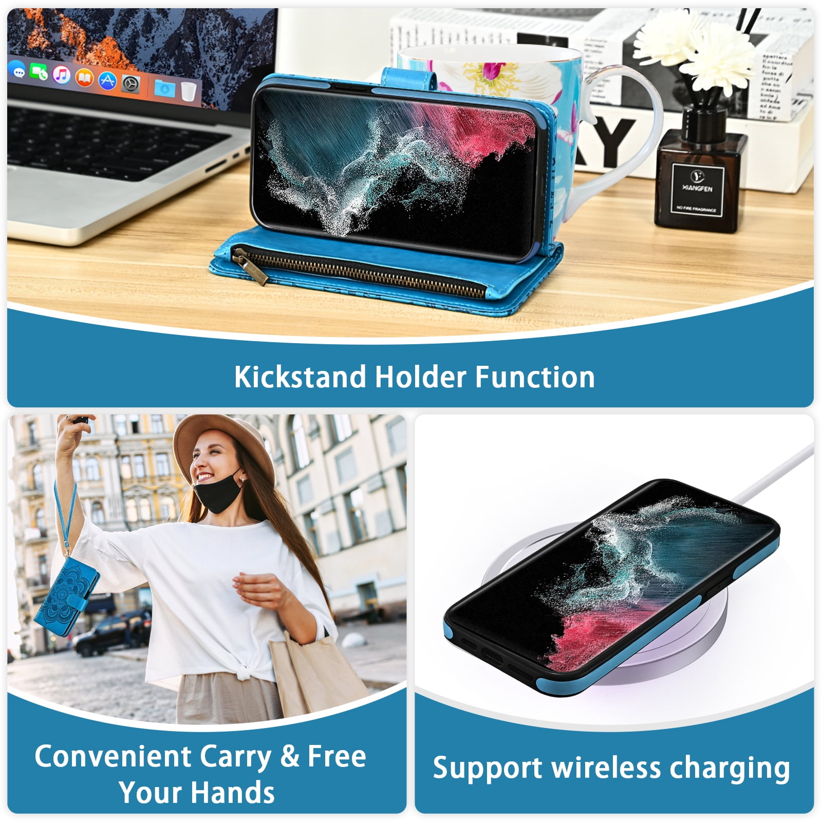 Asuwish Phone Case for Samsung Galaxy S22 Ultra 5G Zipper Wallet Magnetic Detachable Cell Cover with Tempered Glass Screen Protector Crossbody Strap Flower Card Holder Slot S22ultra 22su Women Blue