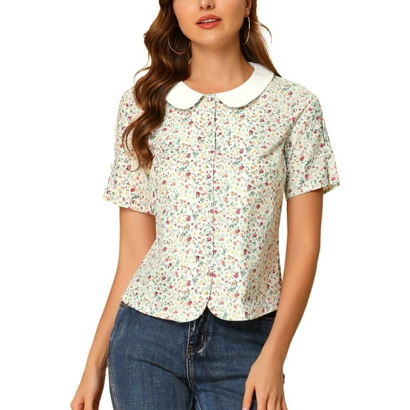 Allegra K Women's Peter Pan Collar Puff Short Sleeve Button Down Floral Shirt Top