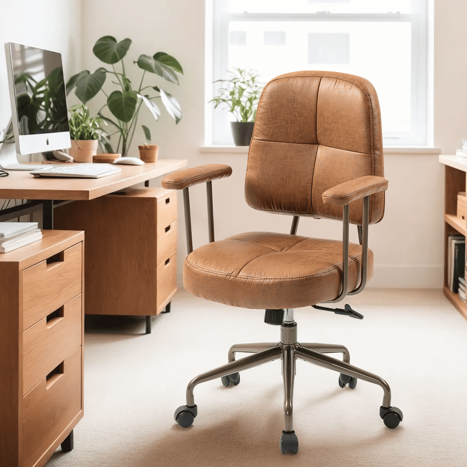 AVAWING Mid Century Modern Fabric Office Chair, Upholstered Desk Chair with Armrests, Brown(Brown Frame)