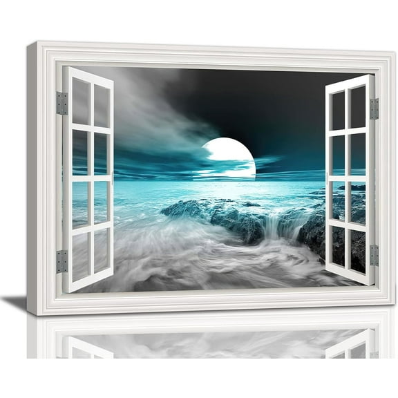 Teal Coastal Wall Art Beach Moon Pictures Nautical Ocean Canvas Wall Decor Teal Bathroom Decor Framed Artwork for Bathroom Bedroom Living Room 16/ inchx12/ inch