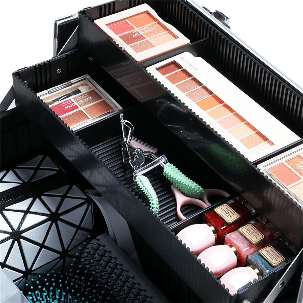 4 360-degreed Wheels 3-in-1 Professional Aluminum Artist Rolling Trolley Makeup Train Case Cosmetic Organizer Makeup Case for Beauty Chains W/shoulder Straps (Black)