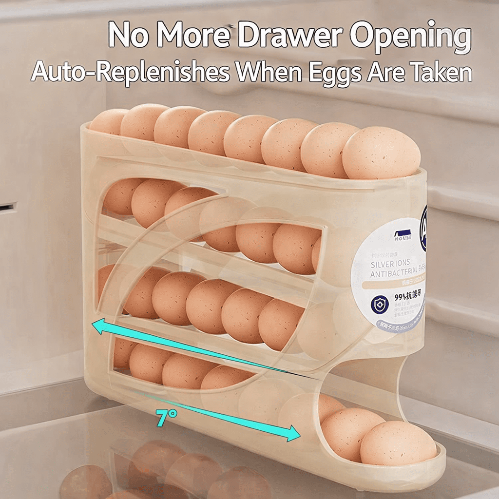 30 Egg Rolling Egg Holder for Refrigerator Door, Gravity Feed Egg Dispenser Rack, Space Saving Fridge Egg Organizer, Automatic Egg Storage Container