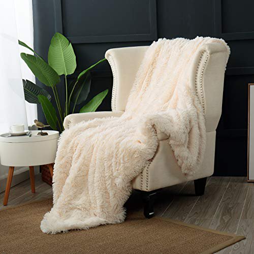 Reafort Couverture Jetée Surdimensionnée en Fausse Fourrure PV Luxueuse à Longs Poils Shaggy (Crème, Jeté 60"X70 Pouces)