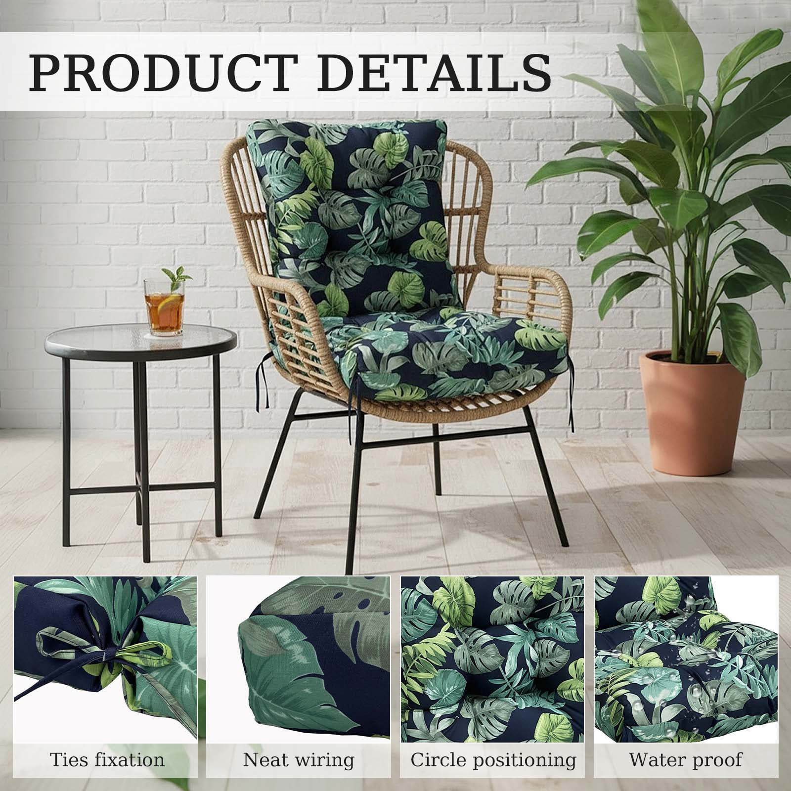 Eurhowing Waterproof Patio Rocking Chair Cushions 1-Piece, 3" Thick Outdoor Chair Cushion with Ties, Non-Slip Seat Pad for Garden Lawn Furniture, 1Pack, Green Leaves