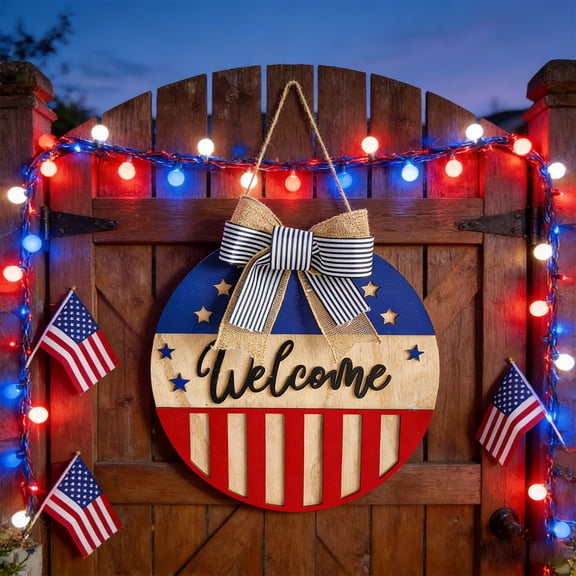 Patriotic Wooden Wreath Sign with Bow Red White Blue for 4th of July Independence Day Front Door Yard Porch Decor