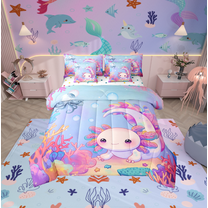 Erosebridal 3D Axolotl Bedding Twin Size, Underwater World Bedding Sets Twin Size, Cute Animal Reversible Bed Set, Lightweight Bedroom Decorative, 7pcs