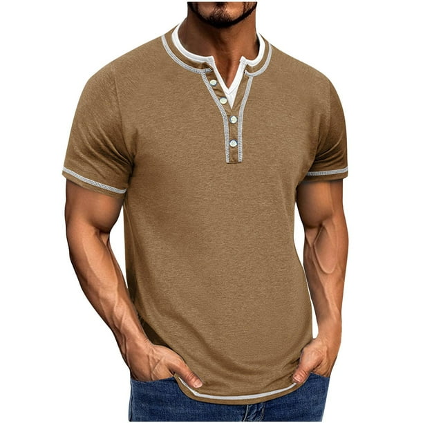 Blusa de Manga Corta de los Hombres Botones de Color Sólido Al Aire Libre Respirable Cuello Redondo, Sudadera Suelta Casual para Diario