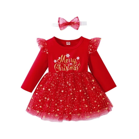 

TFFR Toddler Baby Girl Christmas Dress 9M 12M 18M 24M 3T 4T Kid Letters Print Ruffle Long Sleeve A-line Princess Dresses Headband