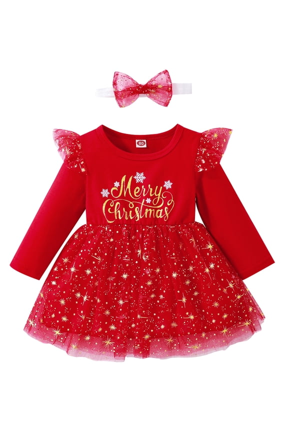 Toddler Baby Girls Christmas Dress Letter Print Round Neck Long Sleeve Patchwork Tulle Puffy Dresses + Hairband Princess Party Clothes for Kids 2Pcs 9M-4T