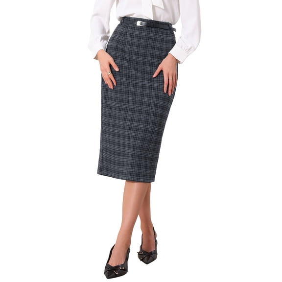 INSPIRE CHIC Women's Plaid Pencil Skirt High Waisted Tartan Business Office Knee Length Skirts S Dark Grey
