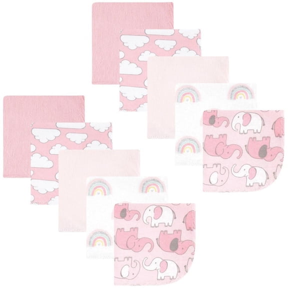Hudson Baby Unisex Baby Flannel Cotton Poly Washcloths, Girl New Elephant 10-Pack, One Size