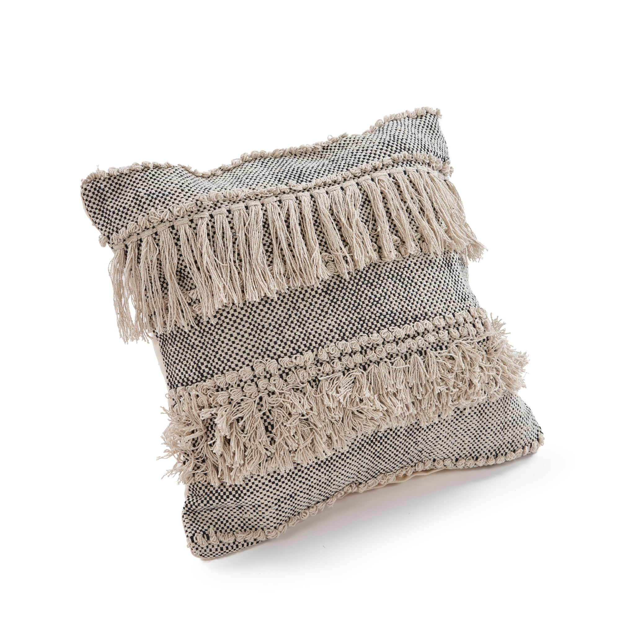 LR Home Elia Natural/Black Striped Cotton Fringed Adult Decorative Throw Pillow Cover