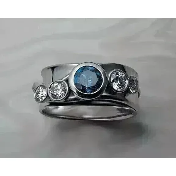 3Ct Round Cut Simulated Blue Sapphire Diamond Wedding Men's Band Ring 14K White Gold Plated 925 Silver