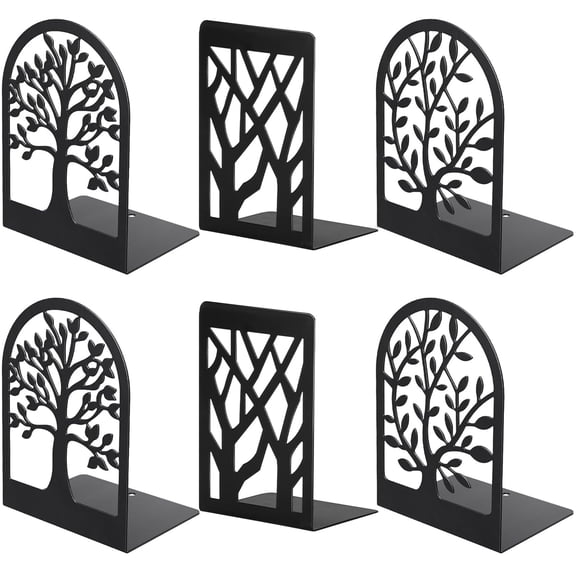 DIYMAG 6 Pcs Bookends for Shelves, L-Shape Black Metal Bookends, Trees Design Book Stopper for Book Shelf, Non-Skid Office Bookends (3Pairs 6Pcs)