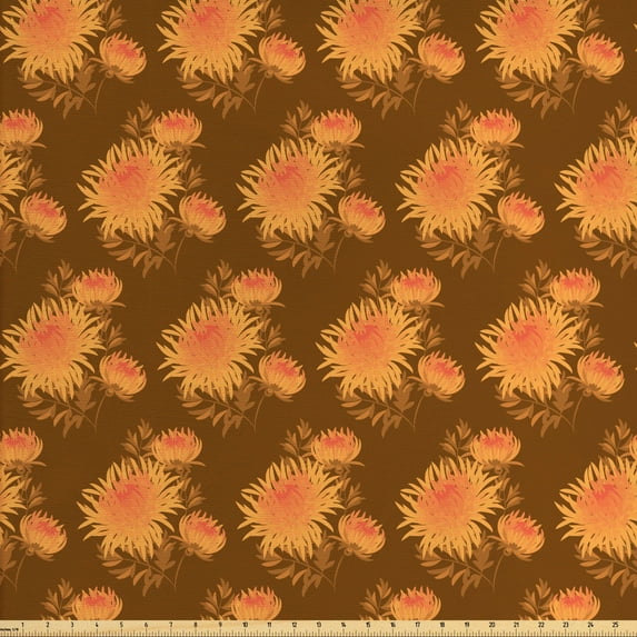 Vintage Sofa Upholstery Fabric by the Yard, Autumn Themed Chrysanthemum Flowers Pansy Motif, Decorative Fabric for DIY and Home Accents, Ginger Caramel by Ambesonne