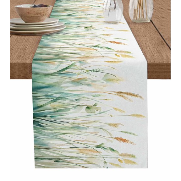 Spring Green Leaf Table Runner 72 Inches, Botanical Retro Oil Painting Plant Bed Runner Dresser Scarves Tabletop for Indoor Outdoor Parties/Ceremony/Banquet, 13" x 72"