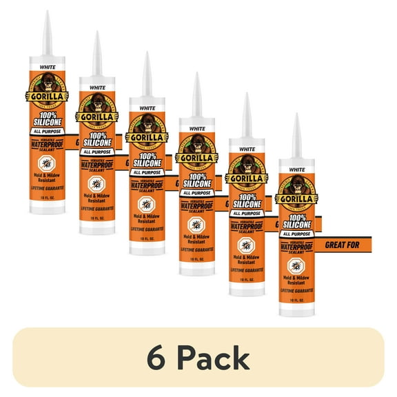 (6 pack) Gorilla Waterproof Caulk & Seal Silicone Sealant, 10oz Cartridge - White Caulking Sealant for Kitchen, Window, Bath, Marine, Door and More