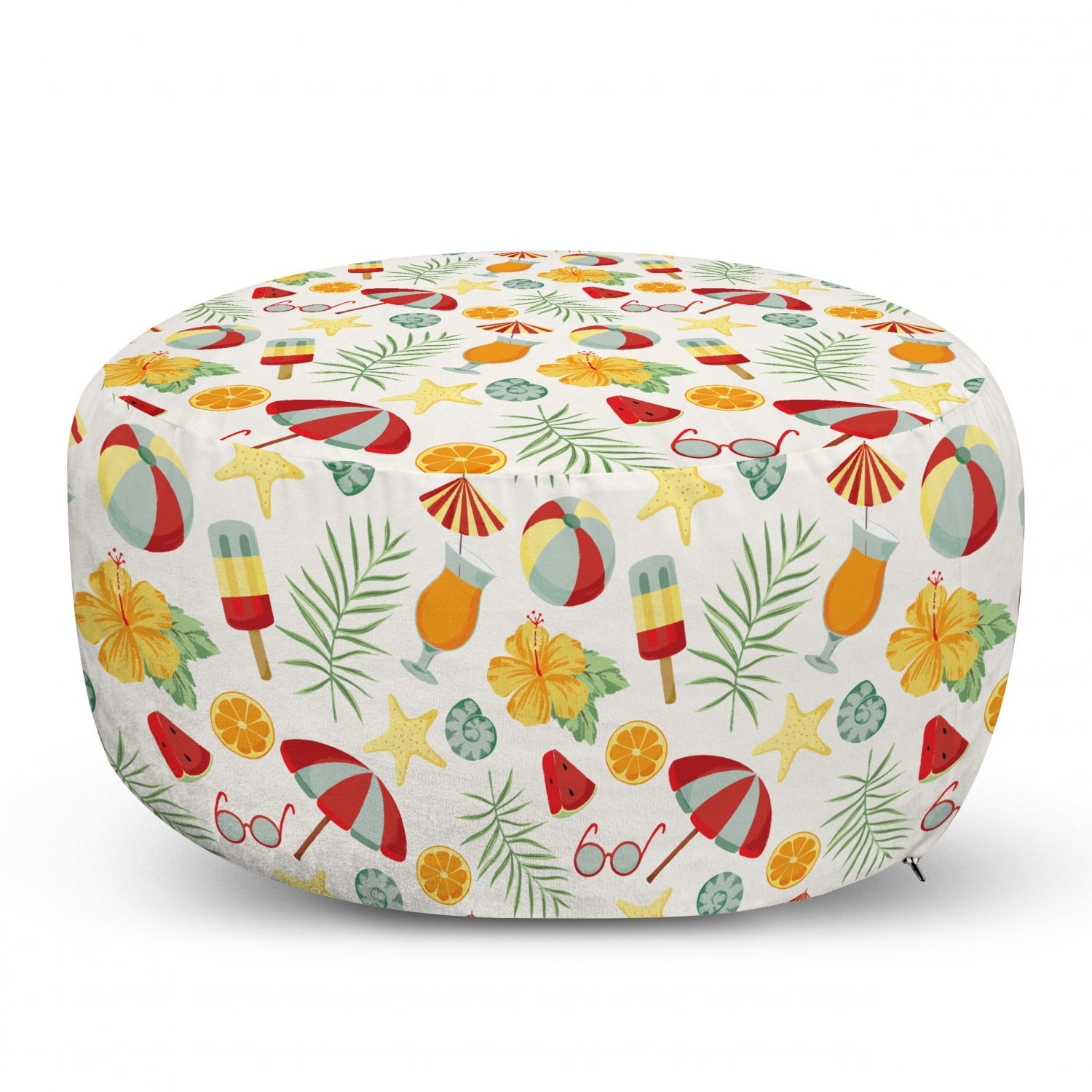 Summer Pouf Cover with Zipper, Continuous Hot Seasonal Fun Pattern with ...