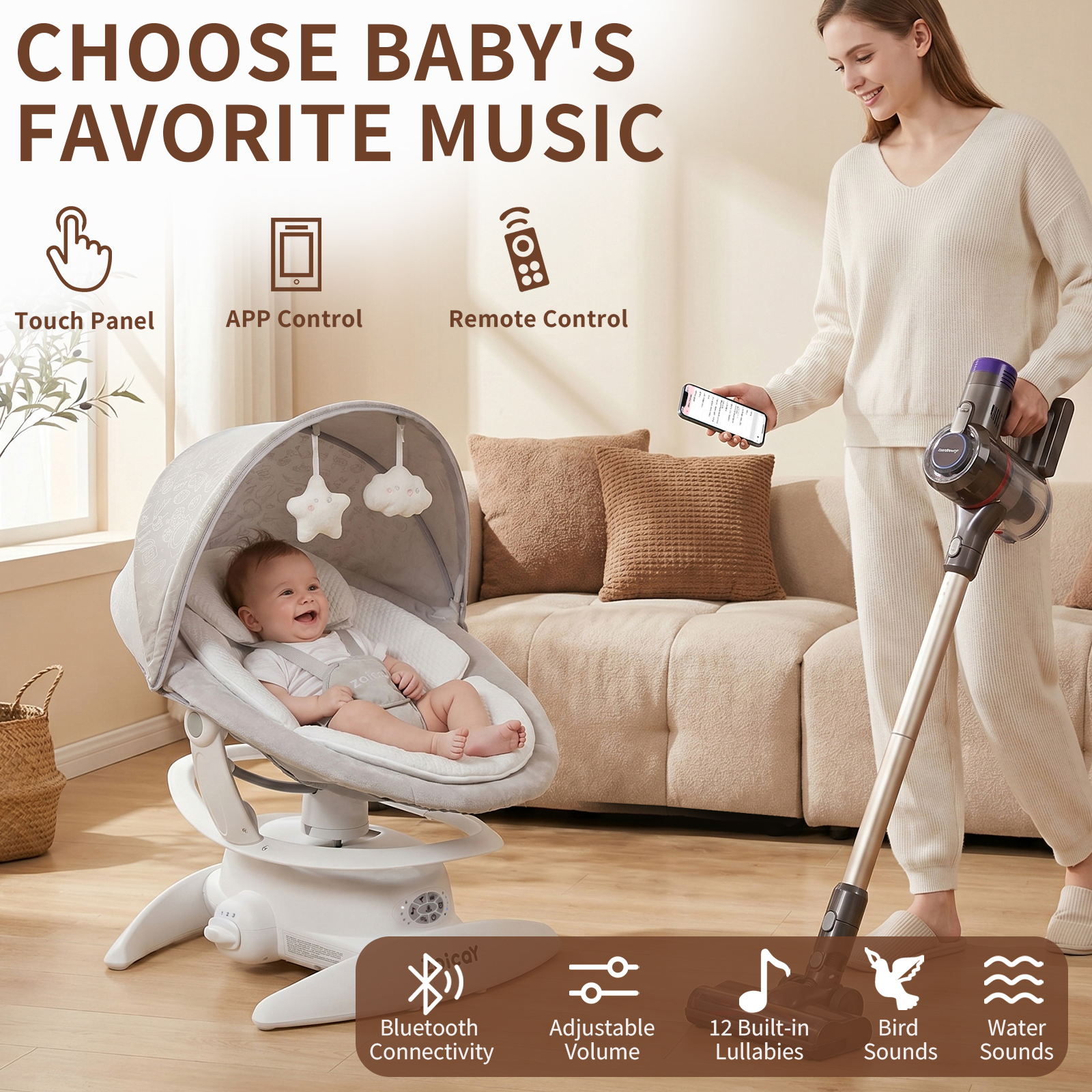 Zoicay 3-in-1 Baby Swing and Rocker, White photo 3