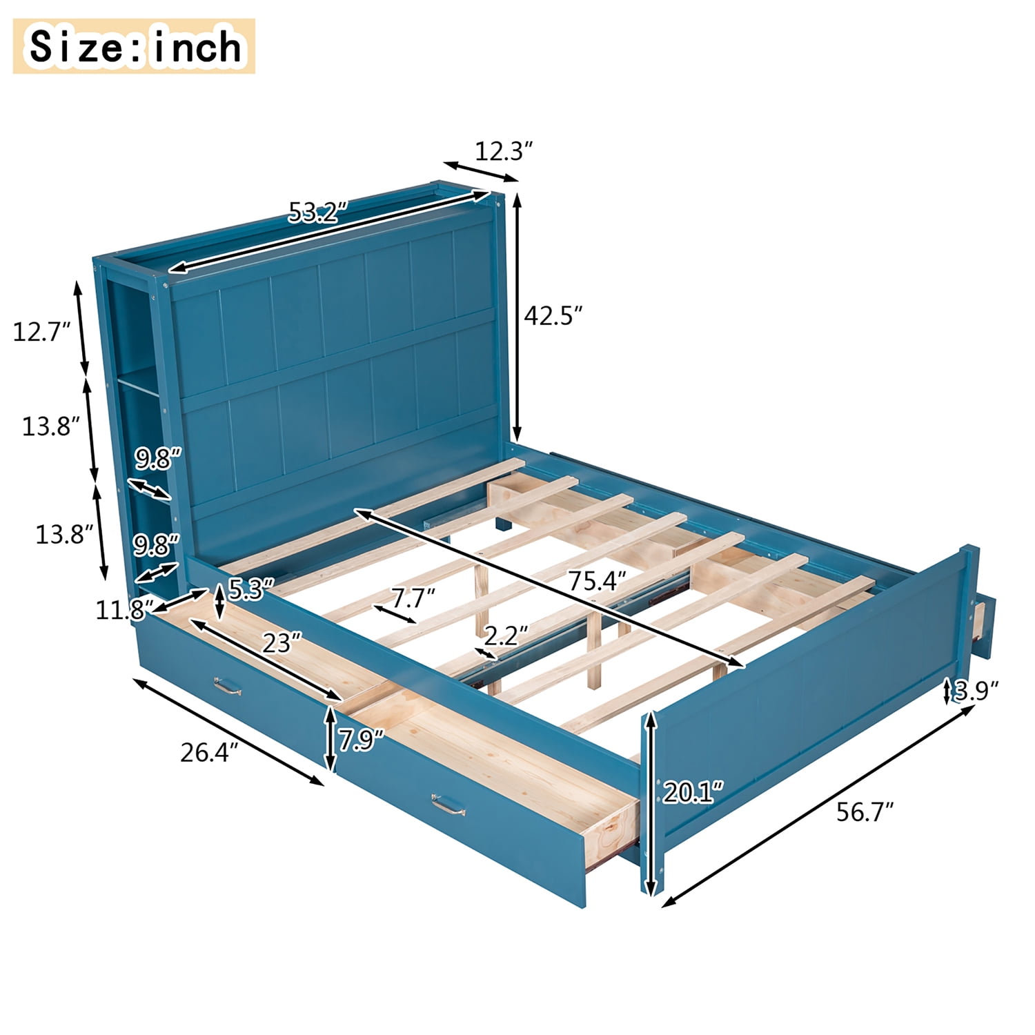 Kepooman Full Size Platform Bed Wood Bed Frame with Drawers and Storage Shelves, Blue Kepooman Full Size Platform Bed Wood Bed Frame with Drawers and Storage Shelves, Blue
