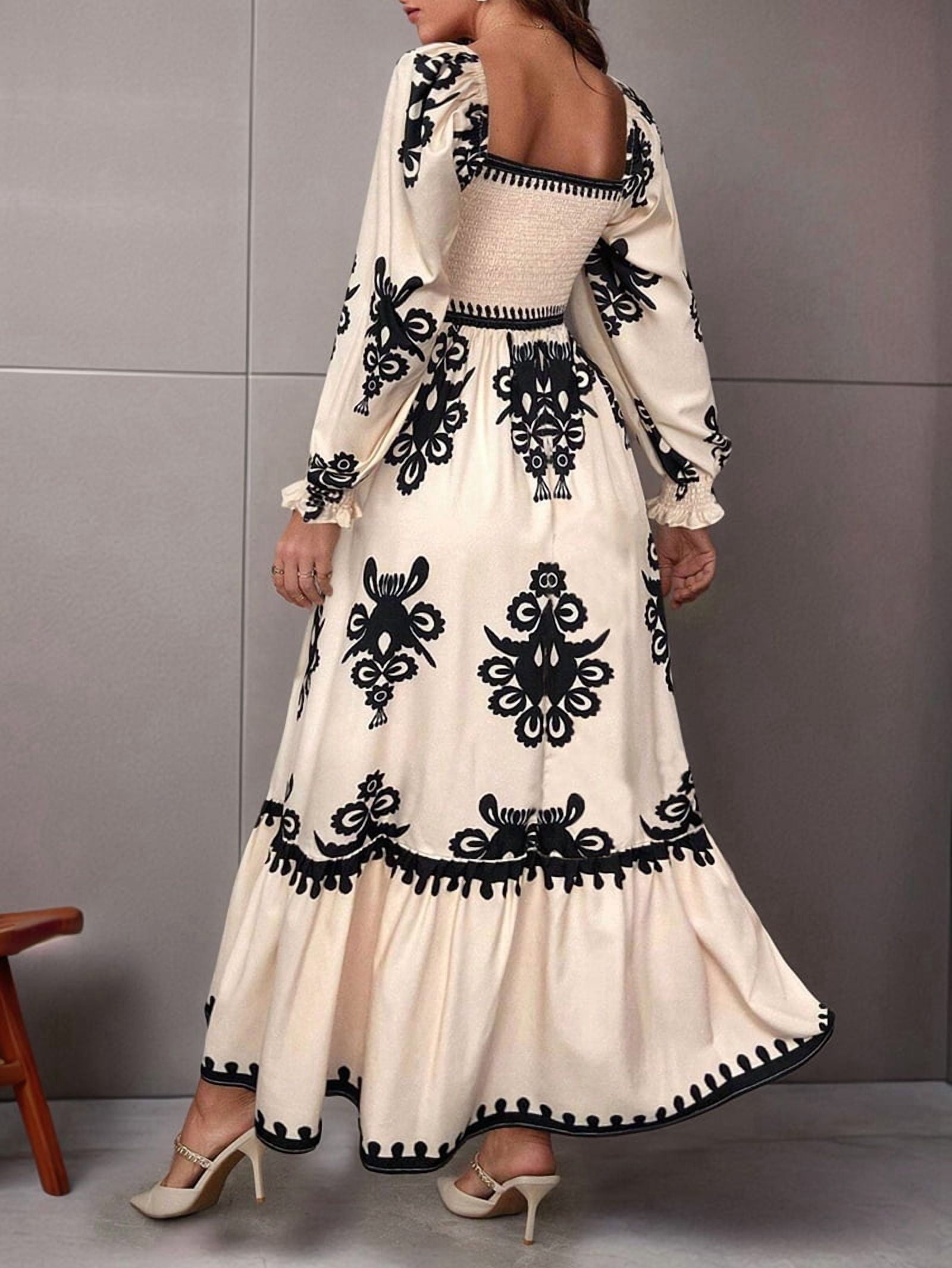 Women'S Autumn Wedding Guest Dress Bohemian Floral Long Sleeve V-Neck Flowing Elegant Maxi Dress Beachwear S