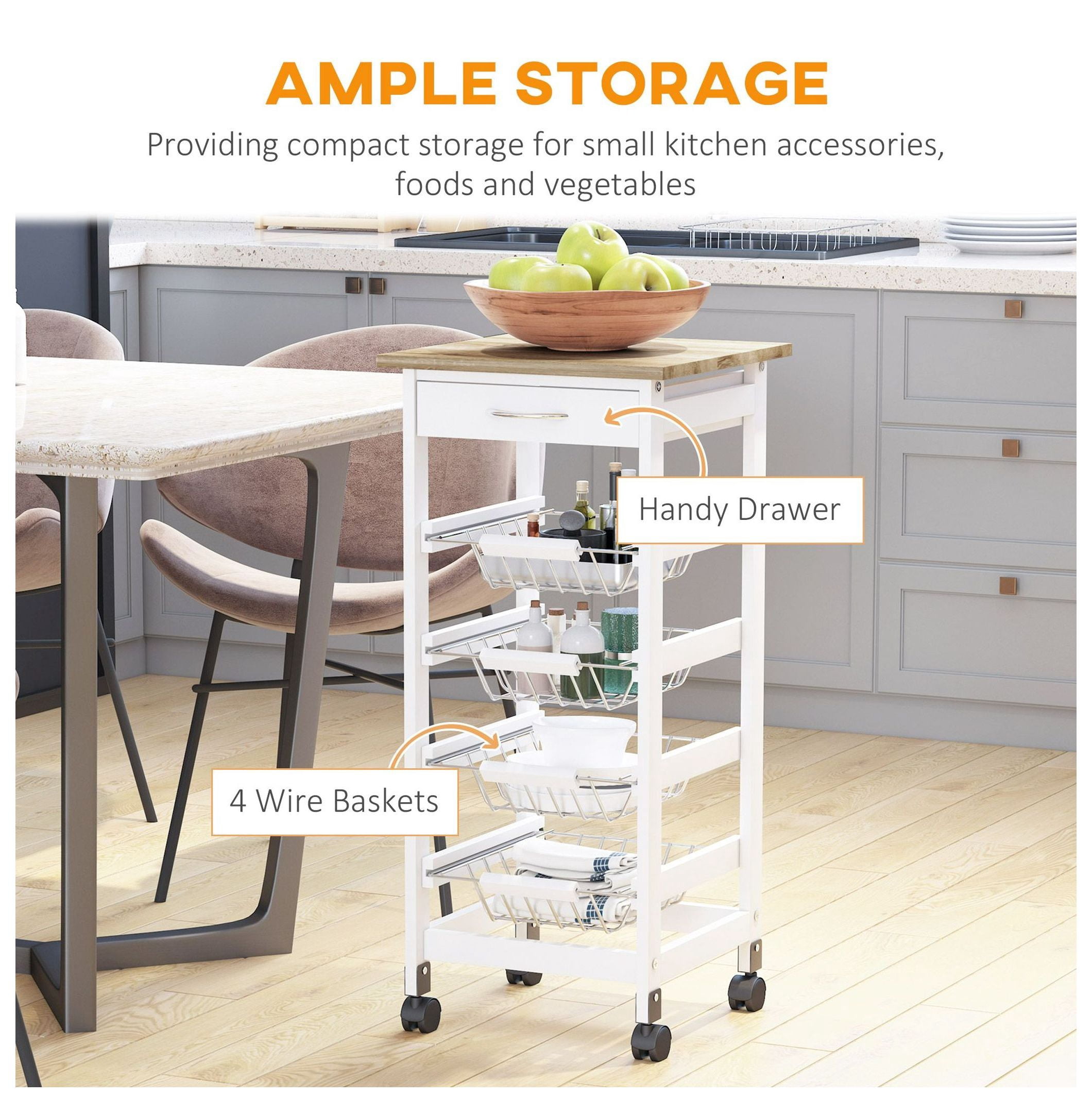 Kitchen Cart with Wheels, 32.25" Rolling Island, White Wood Storage Cart with Drawers & Baskets, Microwave Cart for Kitchen, Living Room, Bathroom