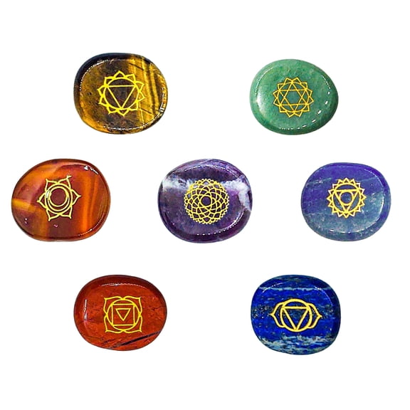 Chakra Stones with Engraved Symbols for Reiki Healing and Meditation - with Chakras Chart and Affirmations