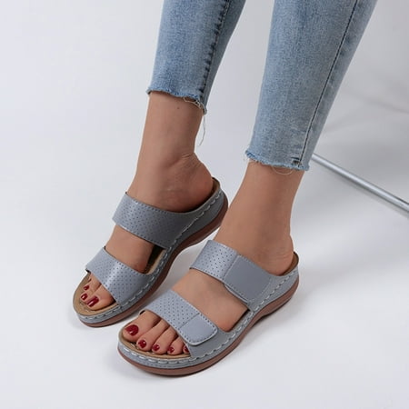 

〖Yilirongyumm〗 Grey 38 Sandals Women Ladies Fashion Solid Color Leather Hollow Breathable Fish Mouth Wedge Sandals